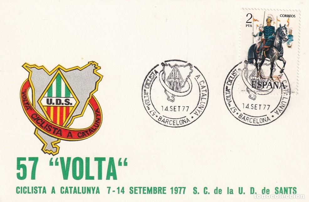 Sellos: Tarjeta Barcelona 1977 - 57 Volta ciclista a Catalunya - S. de C. de la U.E. de Sants - Matasellos