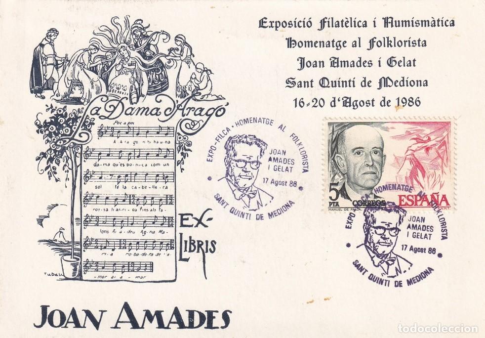 Sellos: Tarjeta Sant Quinti de Mediona 1986 - Exposici&oacute; filca. homenatge al Folklorista Joan Amades i Gelat