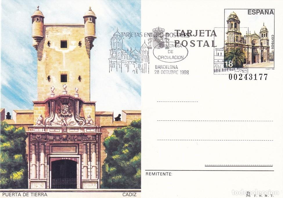 Sellos: Tarjeta postal entero 1988 - Puerta de tierra - C&aacute;diz - Matasellos especial: primer d&iacute;a circulaci&oacute;n