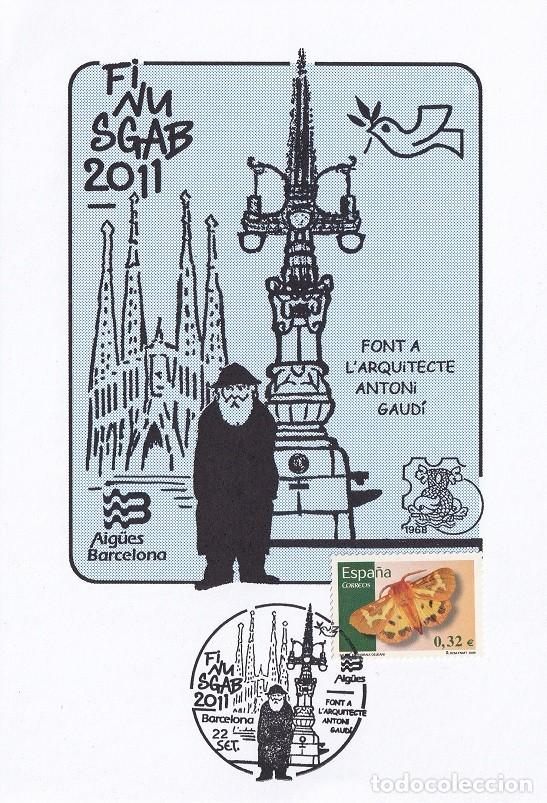 Sellos: Finusgab 2011 - Font a l'arquitecte Antoni Gaud&iacute; - Aig&uuml;es Barcelona / Quelus - Caricatura de 1926