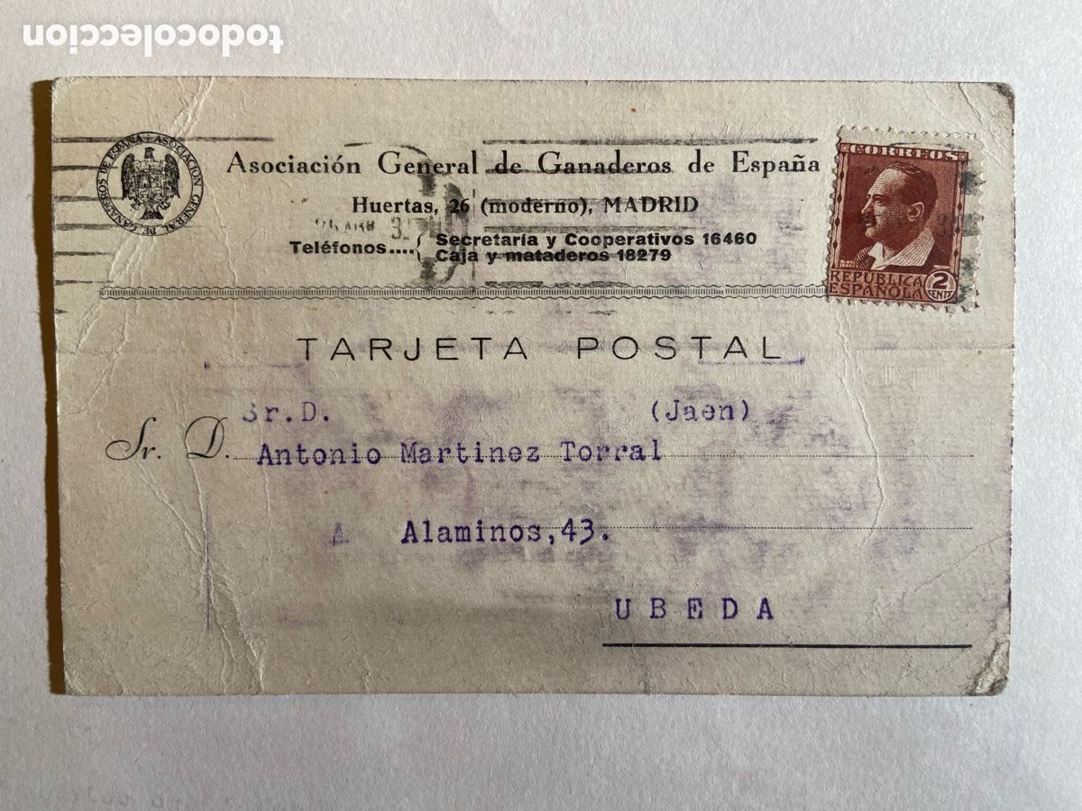 Sellos: TARJETA POSTAL COMERCIAL CIRCULADA DE MADRID A UBEDA A&Ntilde;O 1934. SELLO 2 CTS REPUBLICA ESPA&Ntilde;OLA.