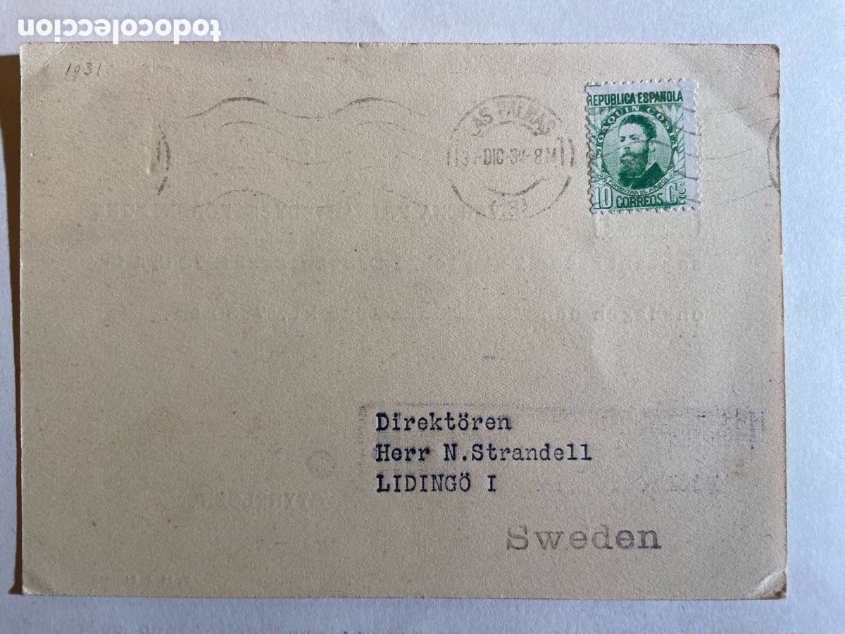 Sellos: TARJETA POSTAL COMERCIAL CIRCULADA DE LAS PALMAS A SUECIA A&Ntilde;O 1934. SELLO 10 CTS REPUBLICA ESPA&Ntilde;OLA.