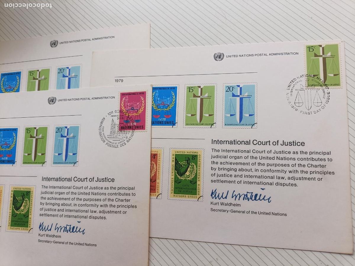 Stamps: ONU United Nations 2 sellos conmemorativos en 3 fichas. Tarjetas m&aacute;ximas. Kurt Waldheim