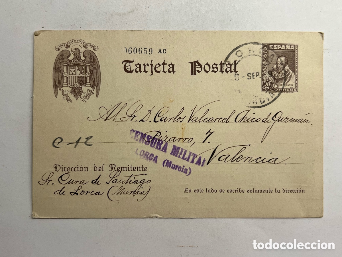 Briefmarken: CENSURA MILITAR LORCA, a D. Carlos Valc&aacute;rcel y Chico de Guzm&aacute;n.. del Cura p&aacute;rroco de Lorca (a.1939)