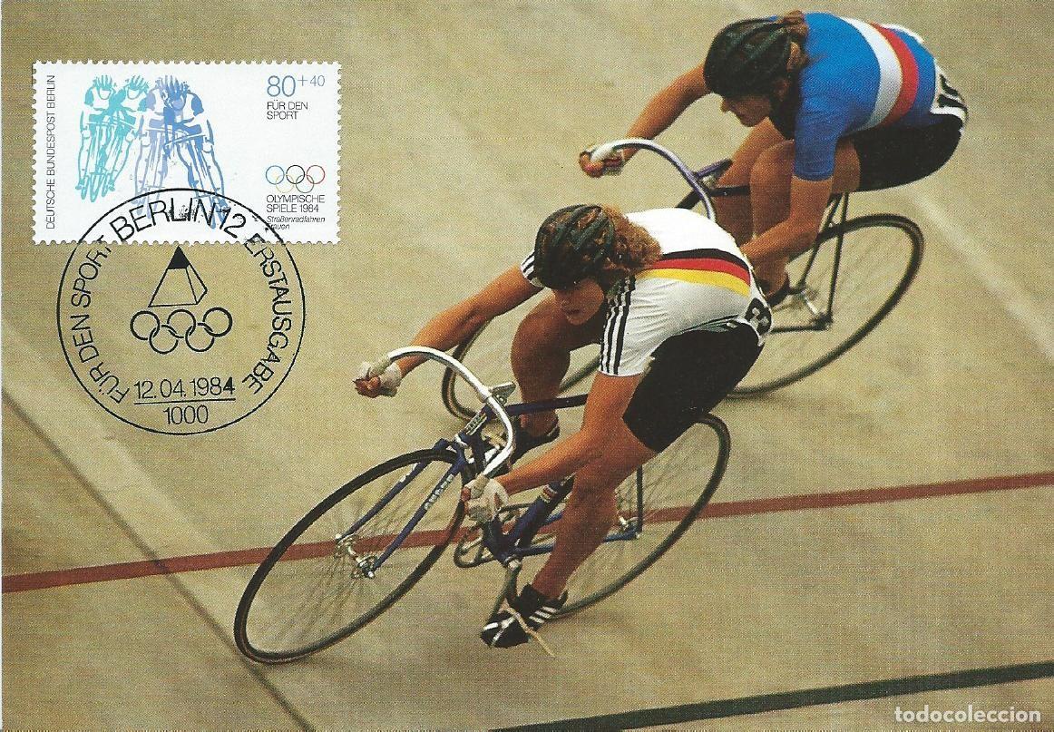 Sellos: 1984. BERL&Iacute;N. M&Aacute;XIMA/MAXIMUM CARD. YT 678. CICLISMO/CYCLING. JJ. OO. LOS ANGELES. DEPORTES/SPORTS.