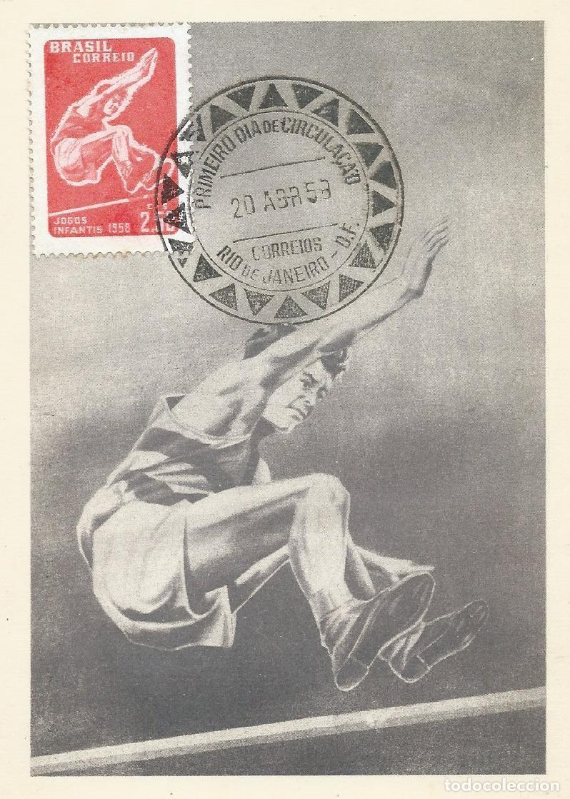 Sellos: 1958. BRASIL/BRAZIL. M&Aacute;XIMA/MAXIMUM CARD. YVERT 647. ATLETISMO/ATHLETICS. SALTO. DEPORTES/SPORTS.