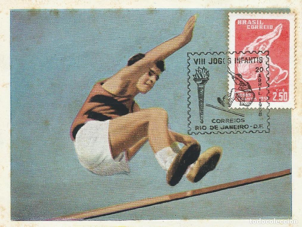 Sellos: 1958. BRASIL/BRAZIL. M&Aacute;XIMA/MAXIMUM CARD. YVERT 647. ATLETISMO/ATHLETICS. SALTO. DEPORTES/SPORTS.