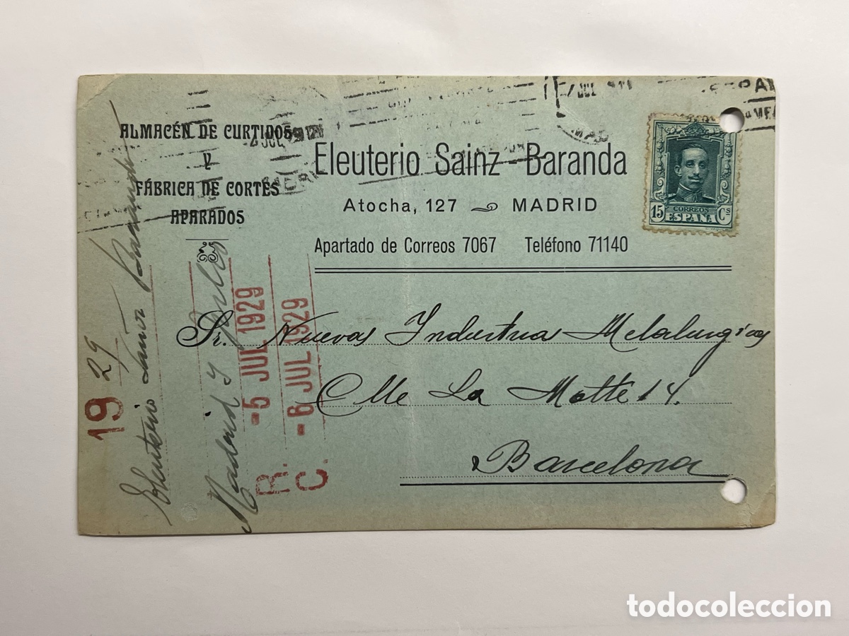 Sellos: MADRID. Eleuterio S Baranda, Almac&eacute;n de Curtidos Tarjeta a Nuevas Industrias Metal&uacute;rgicas, Barcelona