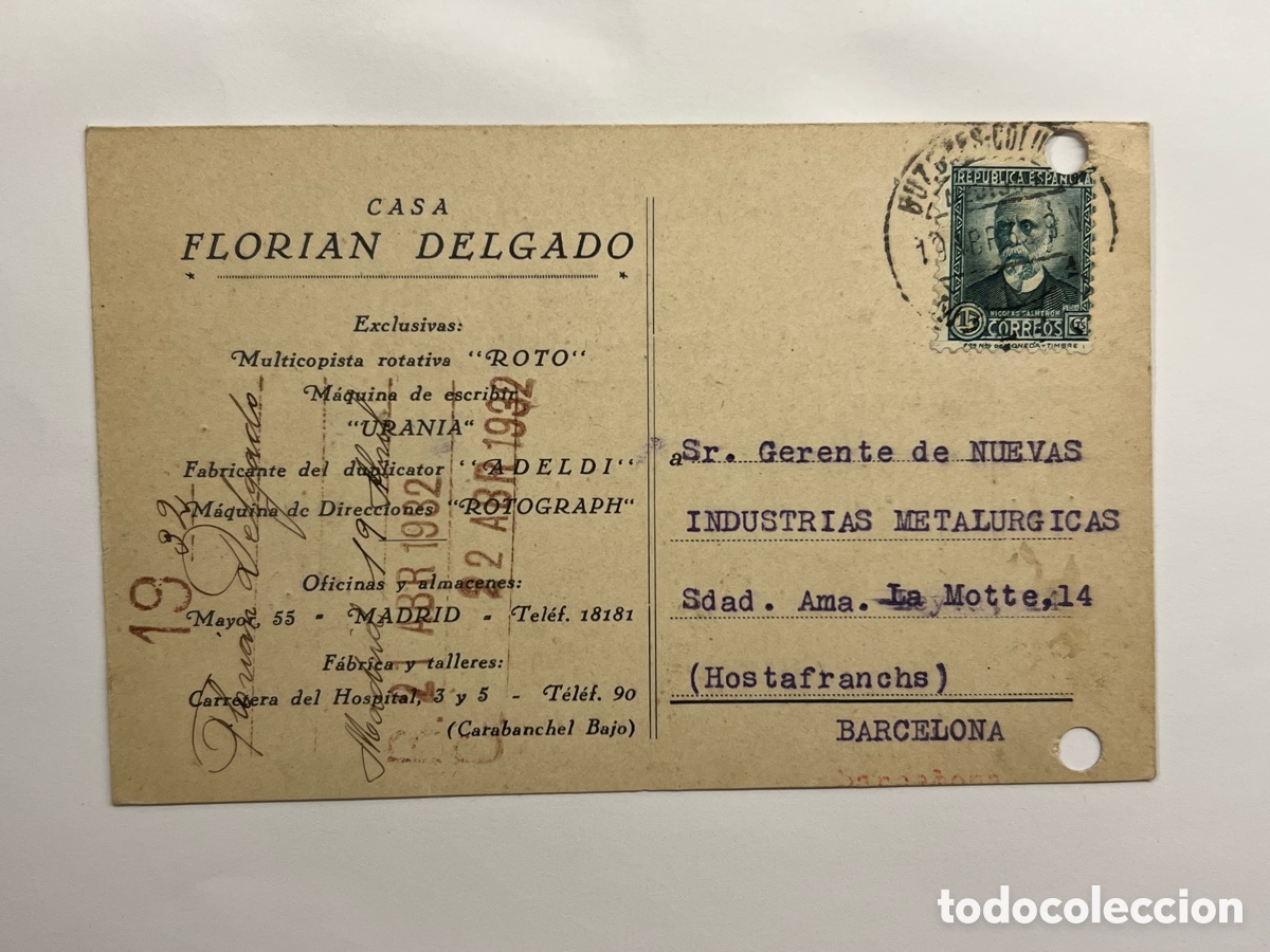 Sellos: MADRID REP&Uacute;BLICA. Casa Flori&aacute;n Delgado. Maquina de escribir URANIA.Tarjeta a Nuevas Industrias