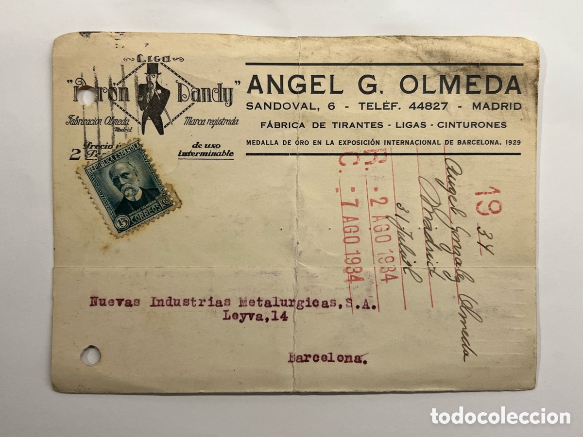 Sellos: MADRID REP&Uacute;BLICA (a.1934) &Aacute;ngel G. Olmeda Fabrica de tirantes.Tarjeta a Nuevas Industrias..