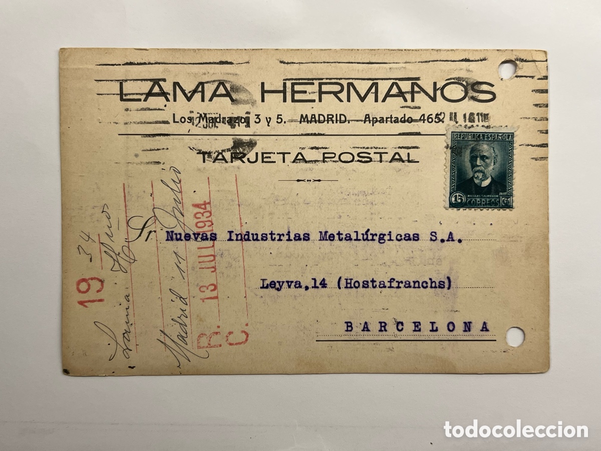 Sellos: MADRID REP&Uacute;BLICA (a.1934) Lama Hermanos. Tarjeta a Nuevas Industrias Metal&uacute;rgicas, Barcelona