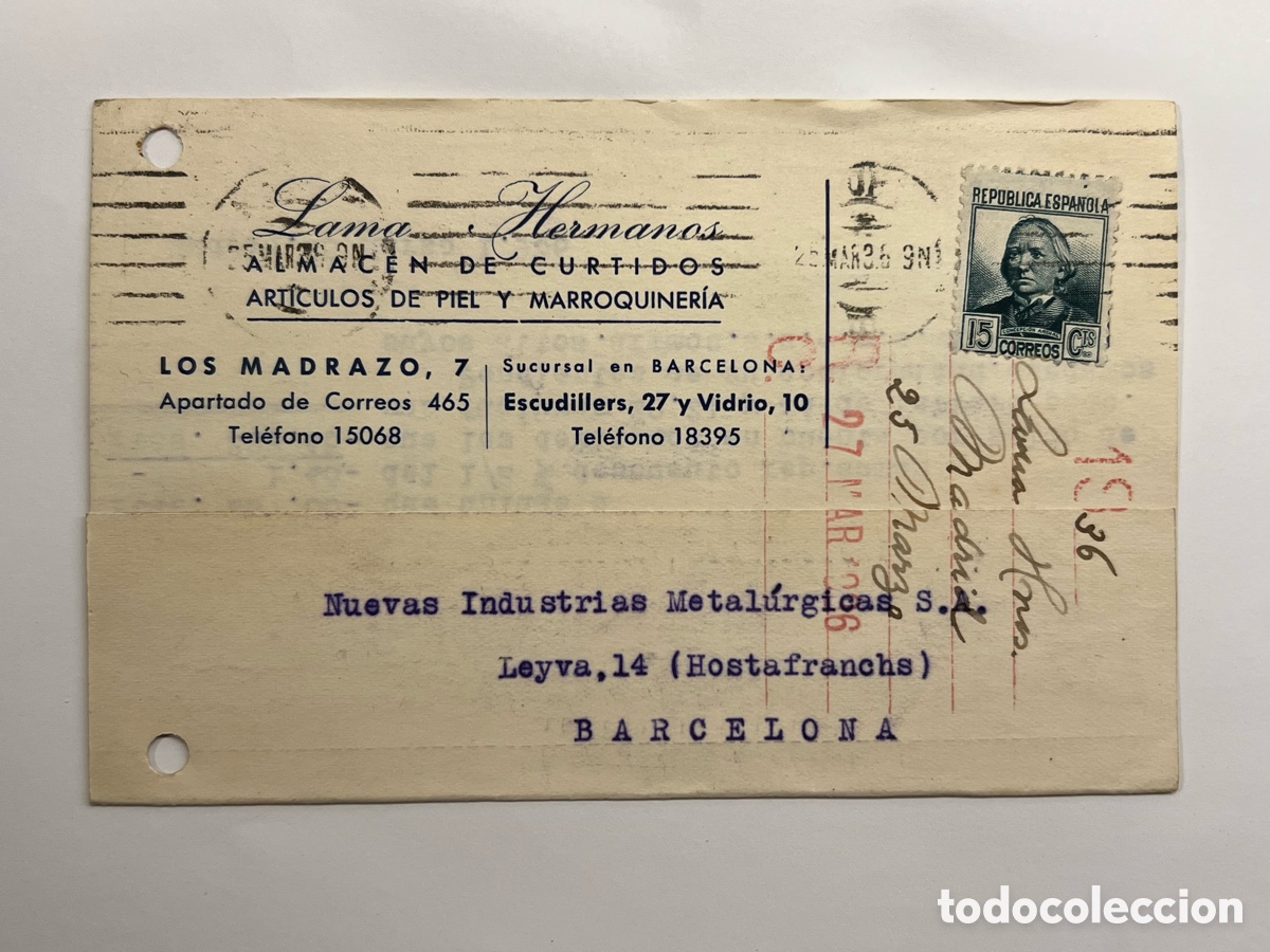 Sellos: MADRID REP&Uacute;BLICA (a.1934) Lama Hermanos. Tarjeta a Nuevas Industrias Metal&uacute;rgicas, Barcelona