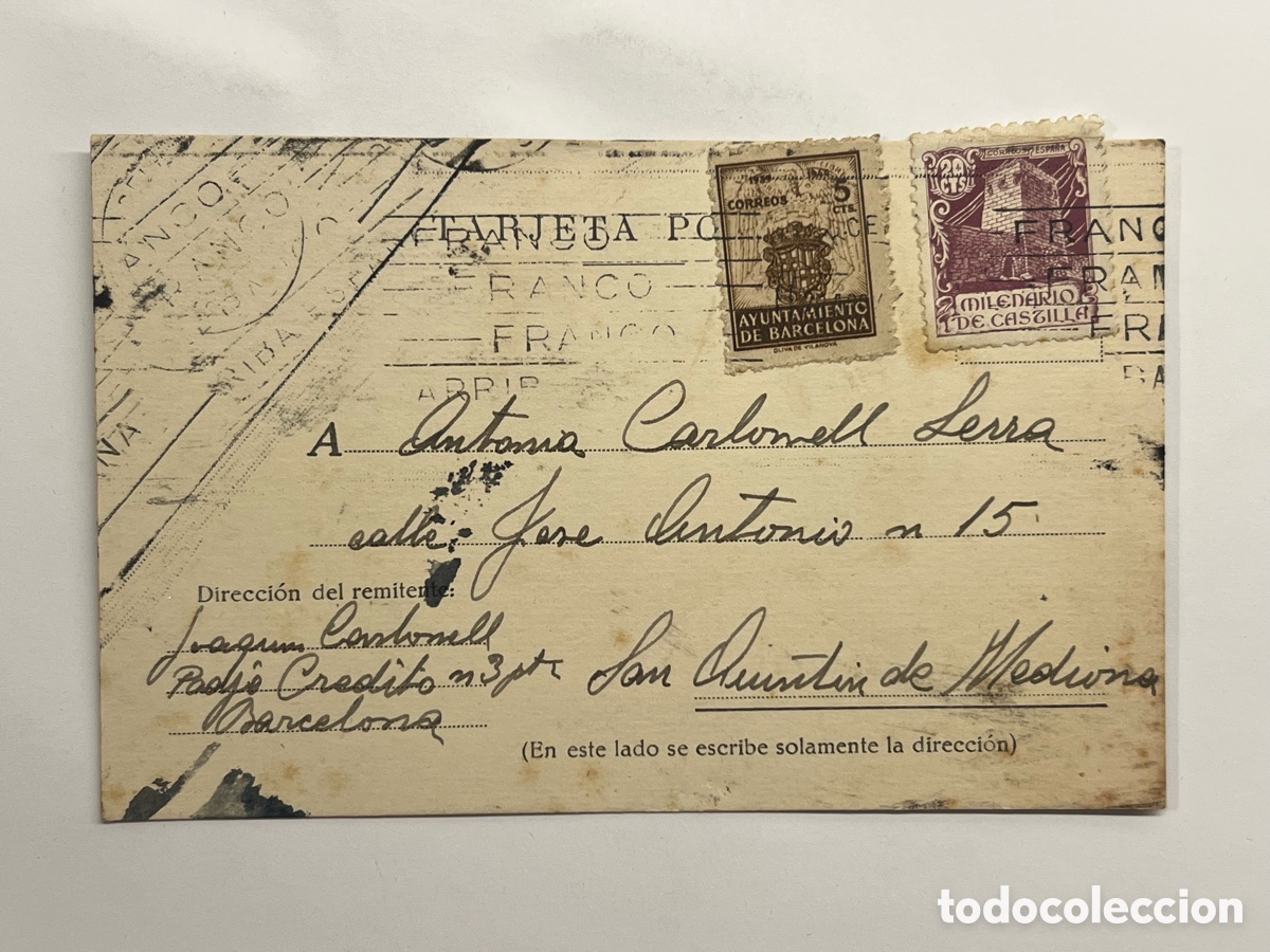 Sellos: BARCELONA Tarjeta Postal Circulada a San Quint&iacute;n de Mediona (h.1939?)