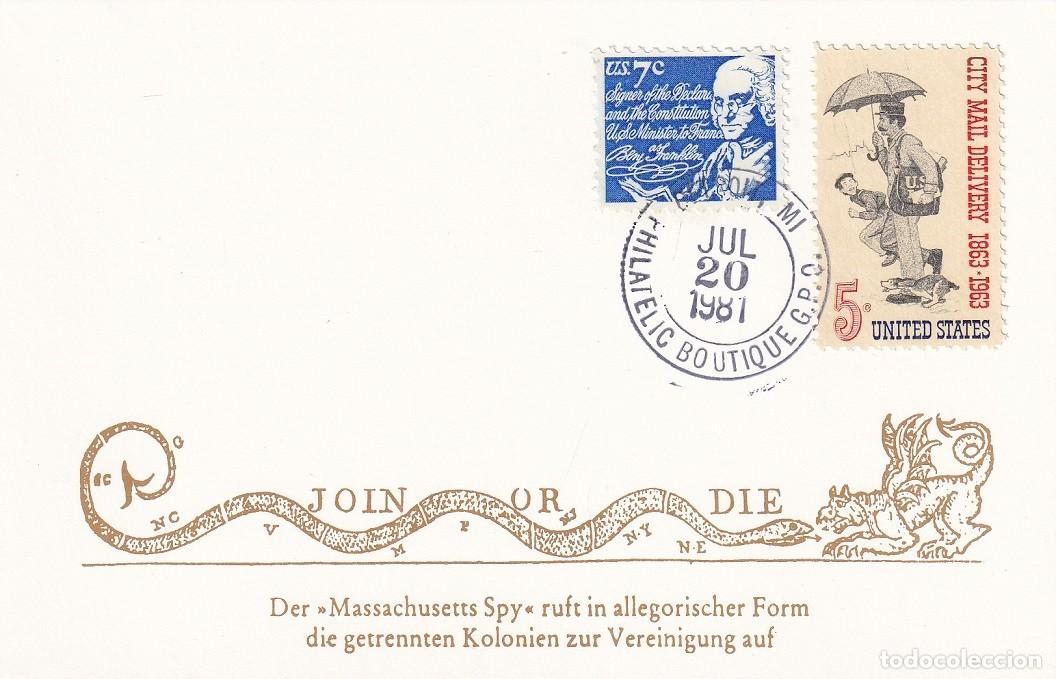 Stamps: Tarjeta Estados Unidos 1981 - &Uacute;nete o muere - El peri&oacute;dico Massachusetts Spy hace un llamamiento a..