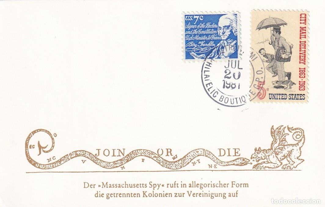 Stamps: Tarjeta Estados Unidos 1981 - &Uacute;nete o muere - El peri&oacute;dico Massachusetts Spy hace un llamamiento a..