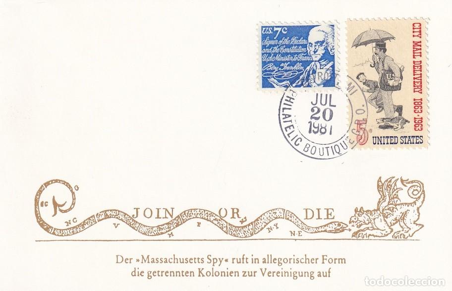 Stamps: Tarjeta Estados Unidos 1981 - &Uacute;nete o muere - El peri&oacute;dico Massachusetts Spy hace un llamamiento a..