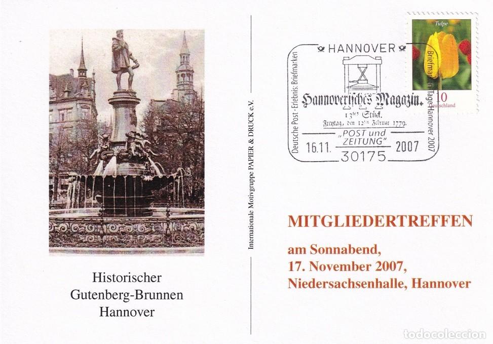 Stamps: Tarjeta Alemania 2007 - Fuente hist&oacute;rica de Gutenberg , Hannover - Revista de Hannover - Cabecera