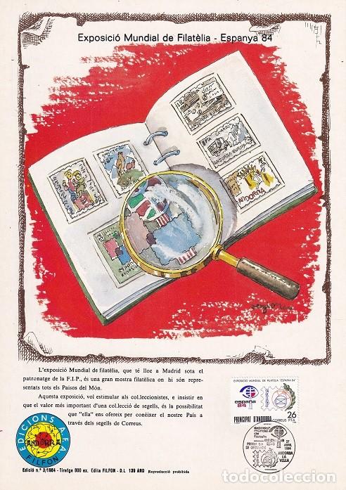 Stamps: Andorra 1984 N&ordm; 3 Tirada 800 - Exposici&oacute; Mundial de Filat&egrave;lia Espanya 84 Espa&ntilde;a - Logotipos - FIP
