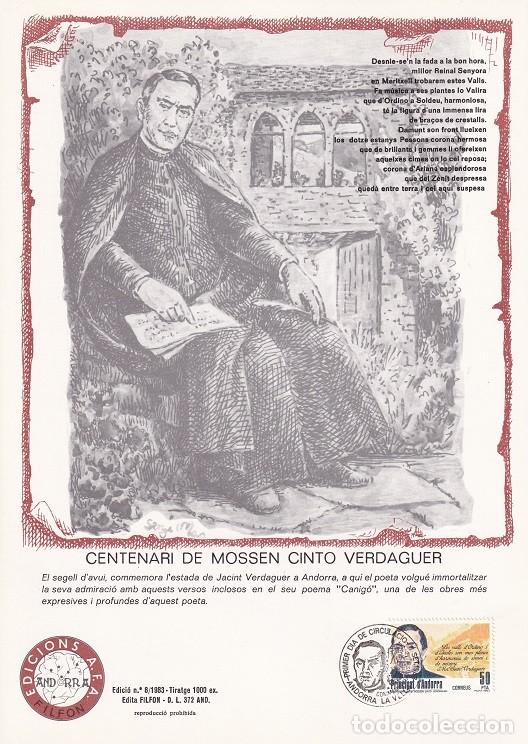 Timbres: Andorra 1983 N&ordm; 8 Tirada 1000 - Centenari de Mossen Cinto Verdaguer - Visita - Retrato y poema