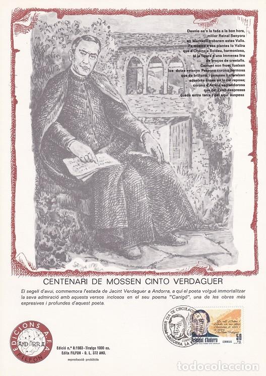 Timbres: Andorra 1983 N&ordm; 8 Tirada 1000 - Centenari de Mossen Cinto Verdaguer - Visita - Retrato y poema