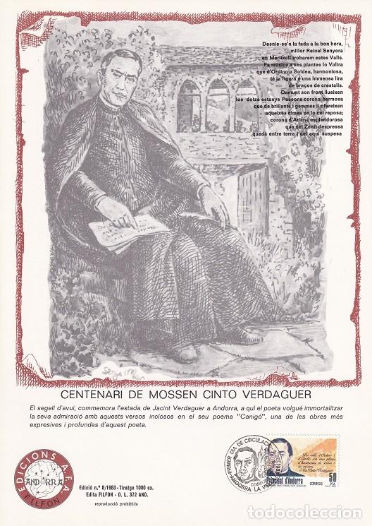 Timbres: Andorra 1983 N&ordm; 8 Tirada 1000 - Centenari de Mossen Cinto Verdaguer - Visita - Retrato y poema