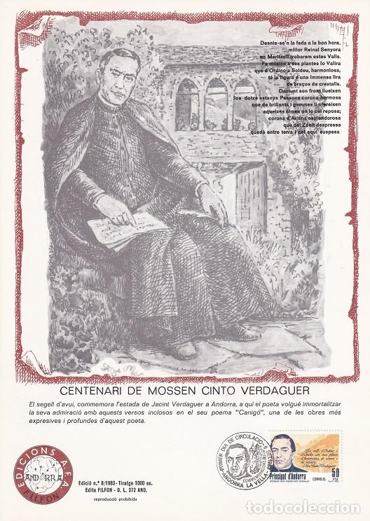 Timbres: Andorra 1983 N&ordm; 8 Tirada 1000 - Centenari de Mossen Cinto Verdaguer - Visita - Retrato y poema