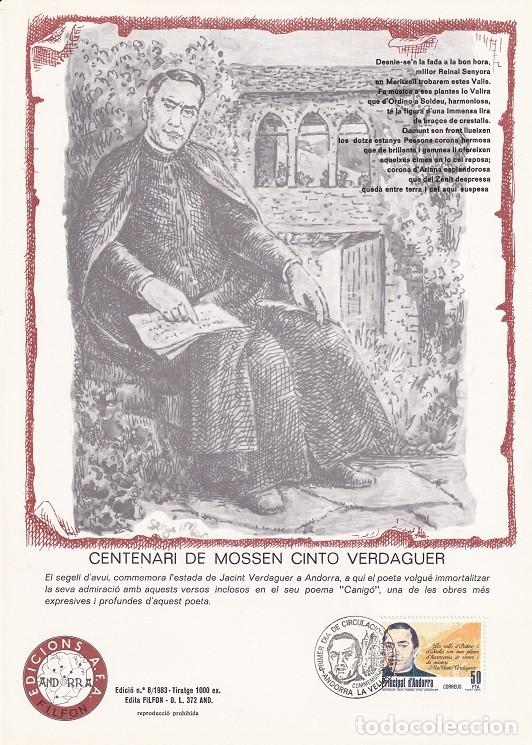 Timbres: Andorra 1983 N&ordm; 8 Tirada 1000 - Centenari de Mossen Cinto Verdaguer - Visita - Retrato y poema