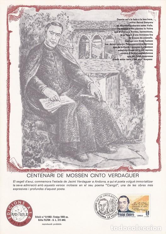 Timbres: Andorra 1983 N&ordm; 8 Tirada 1000 - Centenari de Mossen Cinto Verdaguer - Visita - Retrato y poema