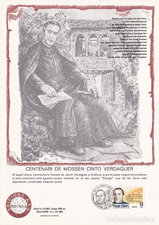 Timbres: Andorra 1983 N&ordm; 8 Tirada 1000 - Centenari de Mossen Cinto Verdaguer - Visita - Retrato y poema