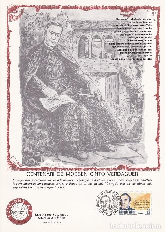 Timbres: Andorra 1983 N&ordm; 8 Tirada 1000 - Centenari de Mossen Cinto Verdaguer - Visita - Retrato y poema