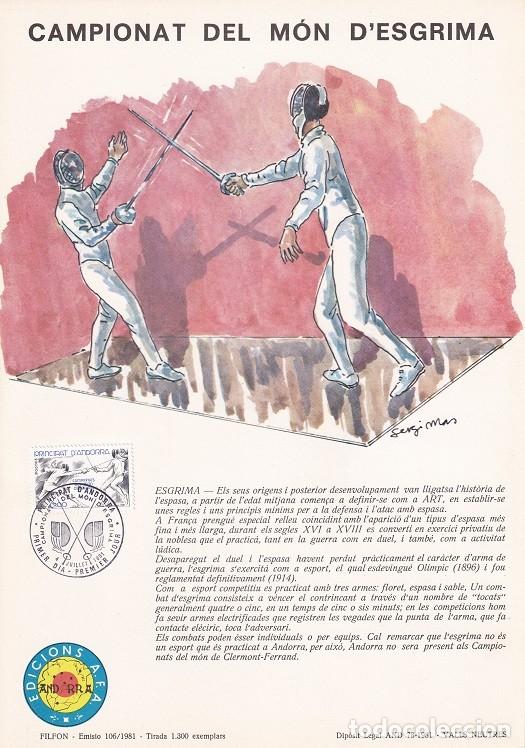 Briefmarken: Andorra 1981 N&ordm; 106 Tirada 1300 - Campionat del m&oacute;n d'esgrima - Lance - Clermont-Ferrand - Esgrima