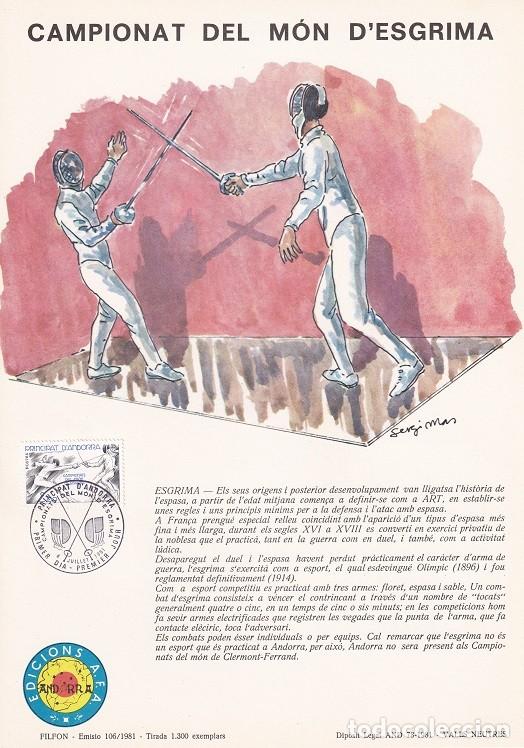 Briefmarken: Andorra 1981 N&ordm; 106 Tirada 1300 - Campionat del m&oacute;n d'esgrima - Lance - Clermont-Ferrand - Esgrima