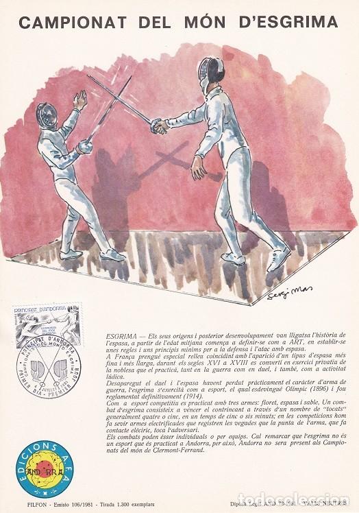 Briefmarken: Andorra 1981 N&ordm; 106 Tirada 1300 - Campionat del m&oacute;n d'esgrima - Lance - Clermont-Ferrand - Esgrima