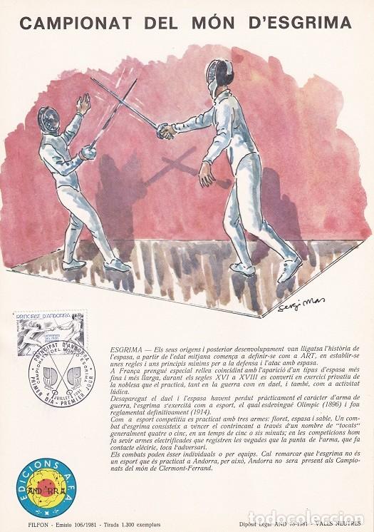 Briefmarken: Andorra 1981 N&ordm; 106 Tirada 1300 - Campionat del m&oacute;n d'esgrima - Lance - Clermont-Ferrand - Esgrima