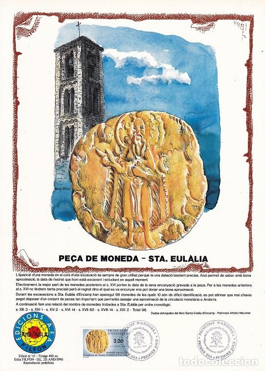 Timbres: Andorra 1990 N&ordm; 15 Tirada 400 - Pe&ccedil;a de moneda Iglesia Sta. Eul&agrave;lia - Antigua moneda de oro - Encamp