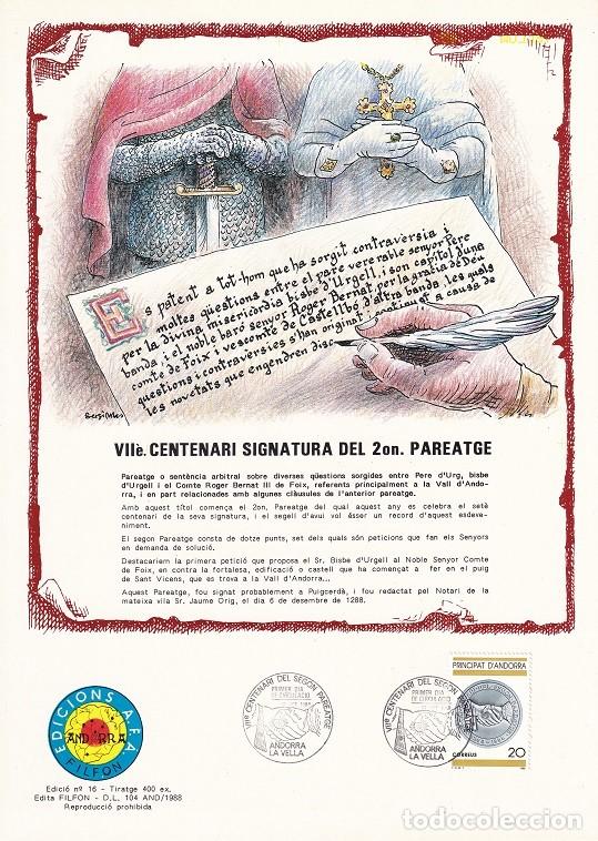 Timbres: Andorra 1988 N&ordm; 16 Tirada 400 - VII&egrave; Centenari Signatura del 2on Pareatge - Firma Segundo Pareage