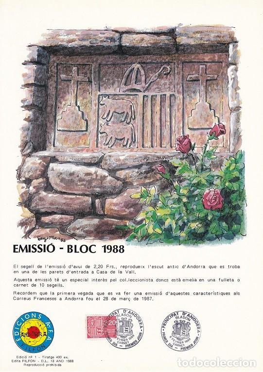 Sellos: Andorra 1988 N&ordm; 1 Tirada 400 - Serie b&aacute;sica - Escudo nacional - Emissi&oacute; Bloc 1988 - Casa de la Vall