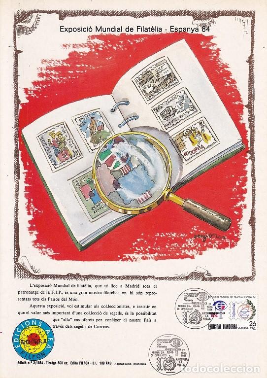 Selos: Andorra 1984 N&ordm; 3 Tirada 800 - Exposici&oacute; Mundial de Filat&egrave;lia Espanya 84 Espa&ntilde;a - Logotipos - FIP