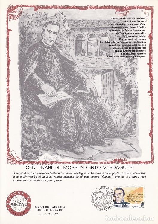 Timbres: Andorra 1983 N&ordm; 8 Tirada 1000 - Centenari de Mossen Cinto Verdaguer - Visita - Retrato y poema