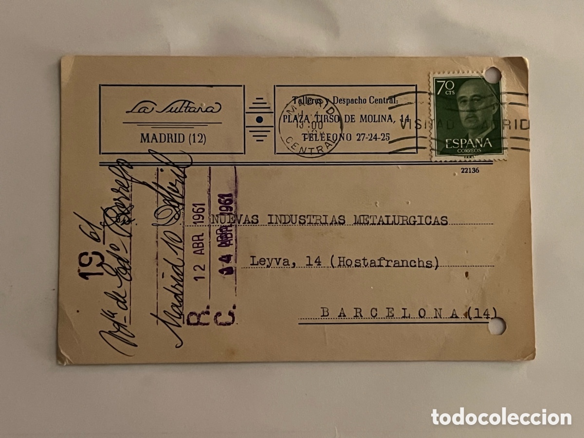 Sellos: LA SULTANA Madrid. Tarjeta comercial circulada a Barcelona. Nuevas Industrias Metal&uacute;rgicas (a.1961)