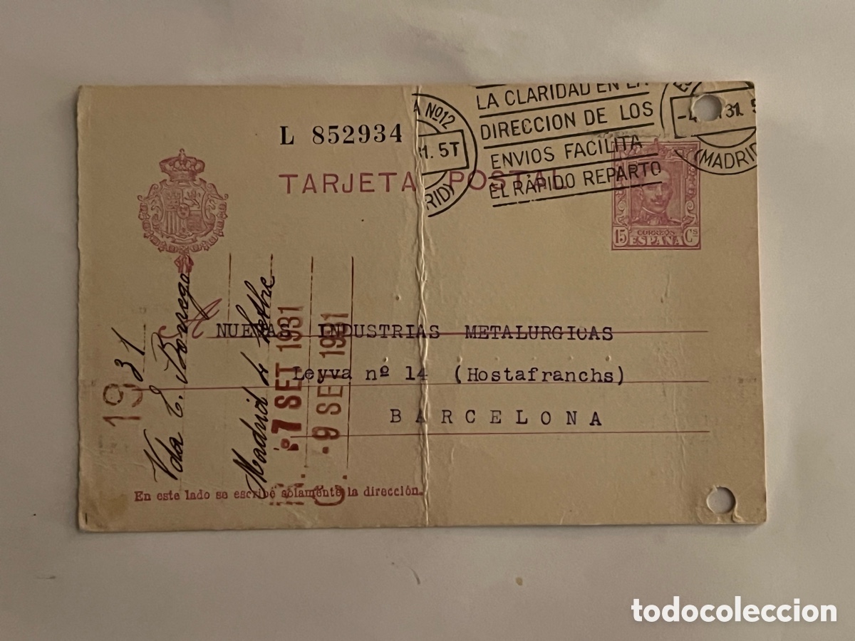 Sellos: MADRID, Vda. E. Borrego.. Tarjeta comercial a Barcelona. Nuevas Industrias Metal&uacute;rgicas (a.1931)