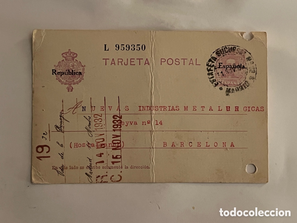 Sellos: MADRID, Vda. E. Borrego.. REP&Uacute;BLICA. Tarjeta comercial a Barcelona. Nuevas Industrias .. L 959350