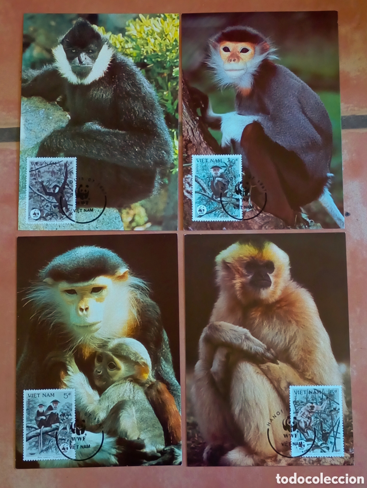 Sellos: Lote 4 Tarjetas M&aacute;ximas WWF Primates Vietnam 1987 Colecci&oacute;n