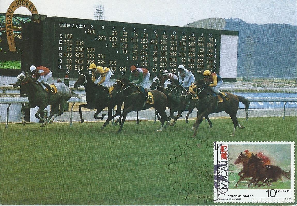 Sellos: 1990. MACAO/MACAU. M&Aacute;XIMA/MAXIMUM CARD. CARRERA DE CABALLOS. HORSE RACING. YT 630. DEPORTES/SPORTS.