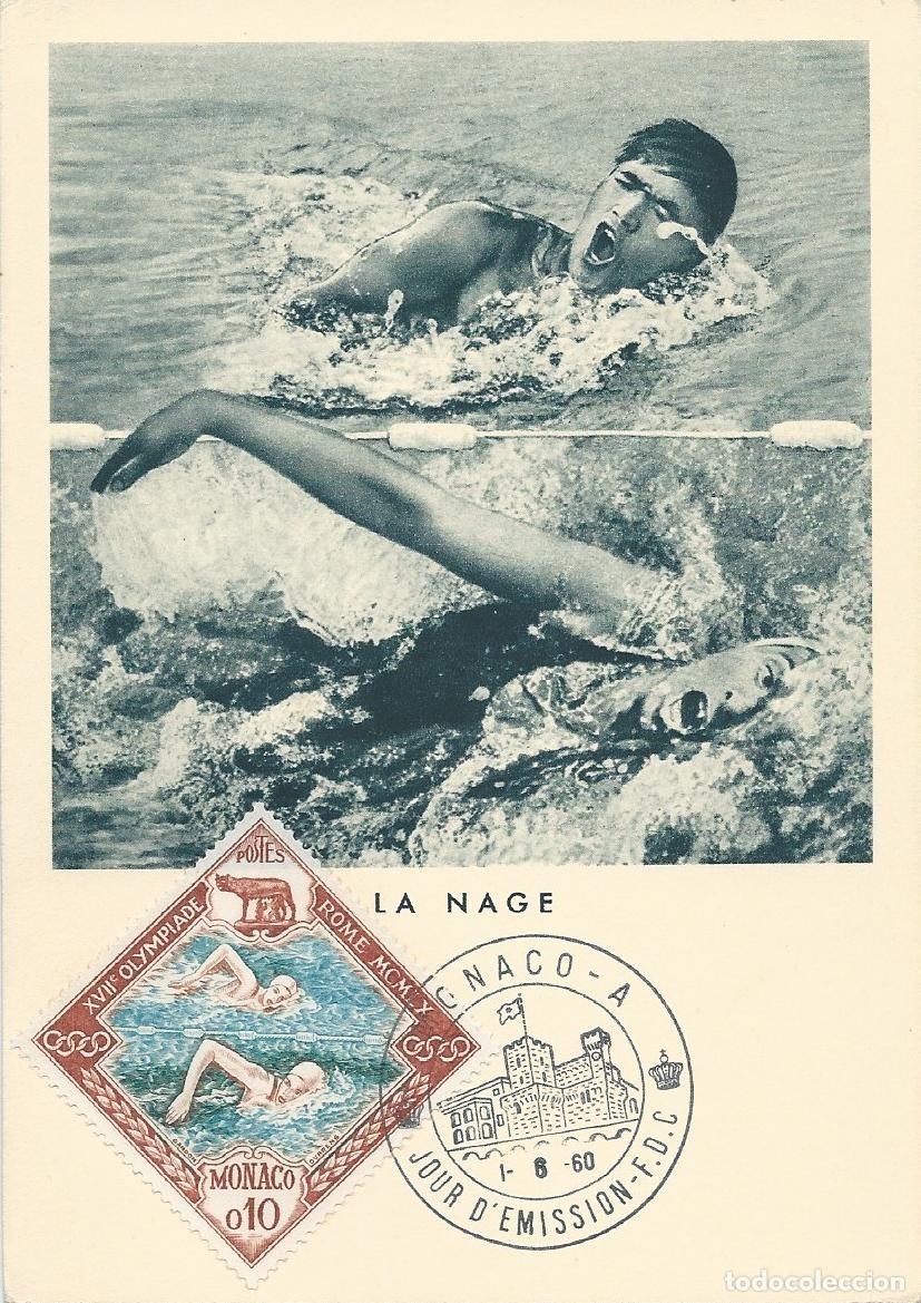 Sellos: 1960. M&Oacute;NACO. M&Aacute;XIMA/MAXIMUM CARD. JJ. OO. ROMA. NATACI&Oacute;N/SWIMMING. YT 533. DEPORTES/SPORTS.