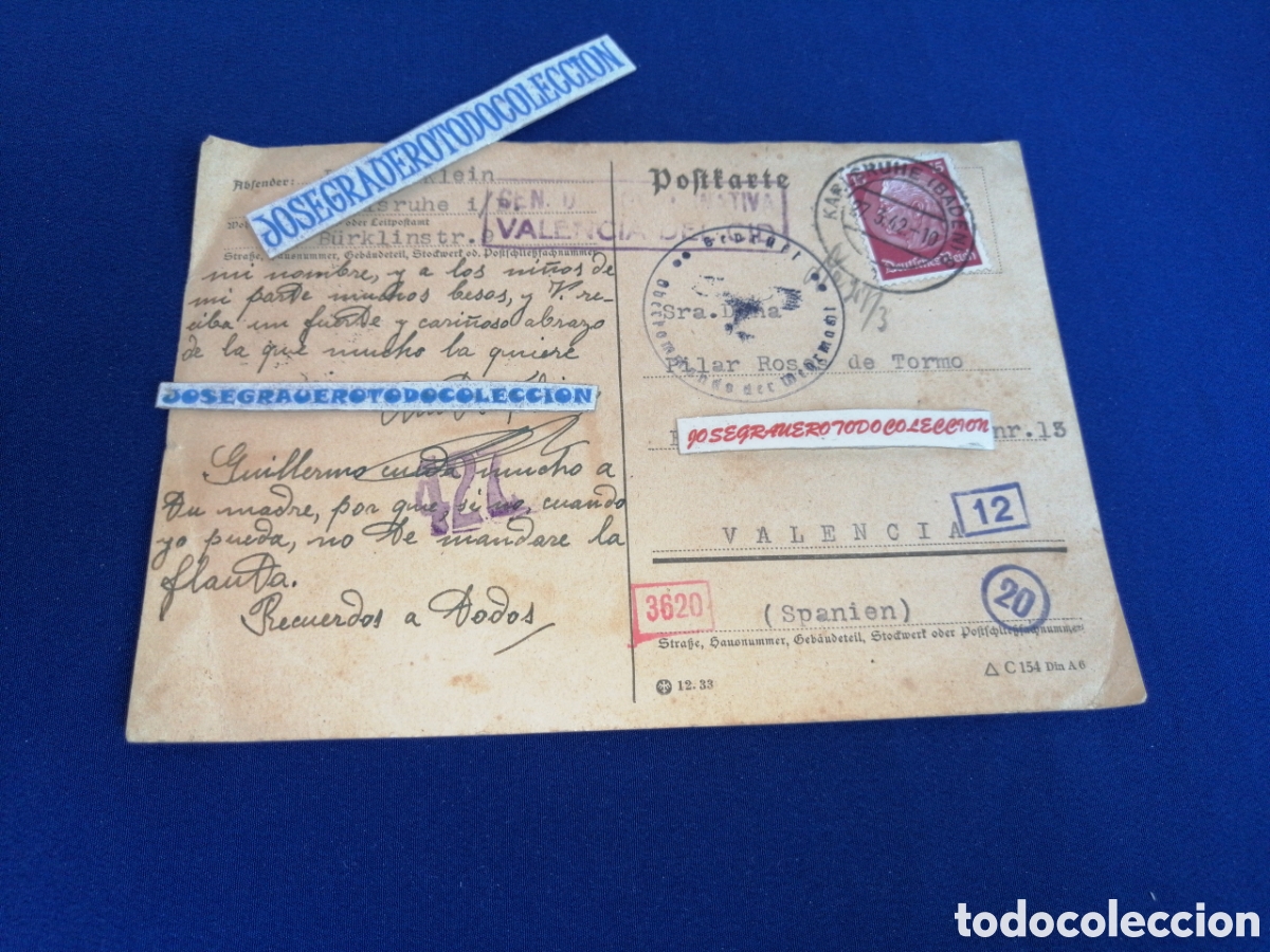 Sellos: ALEMANIA POSTAL ENVIADA A ESPA&Ntilde;A (VALENCIA) SELLOS GRAO DE VALENCIA ANTIGUA