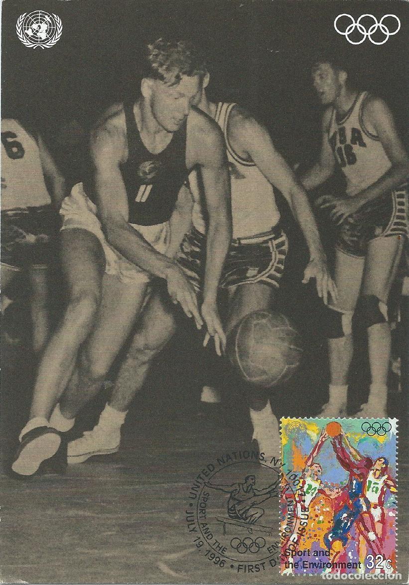 Sellos: 1996. NACIONES UNIDAS. ONU. M&Aacute;XIMA/MAXIMUM CARD. BALONCESTO/BASKETBALL. YT 704. DEPORTES/SPORTS.
