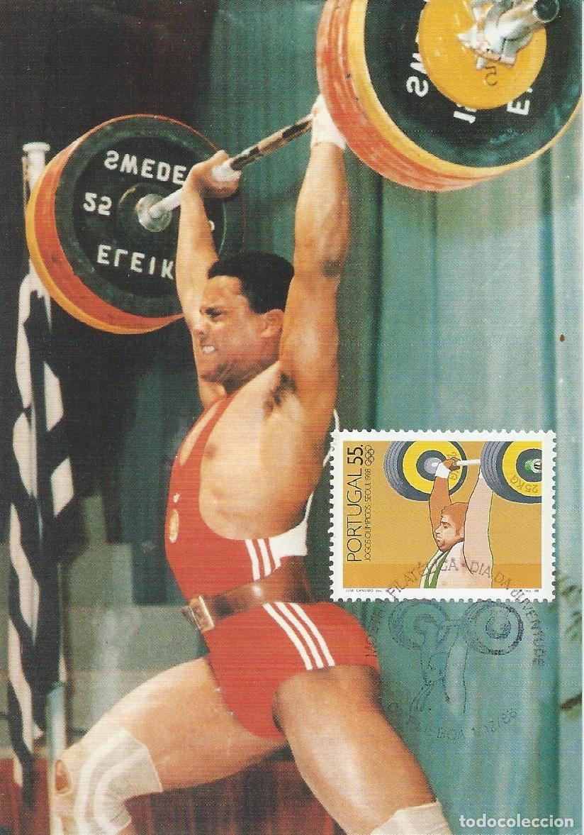 Sellos: 1988. PORTUGAL. M&Aacute;XIMA/MAXIMUM CARD. HALTEROFILIA. JJ. OO. SE&Uacute;L. YT 1741. DEPORTES/SPORTS.