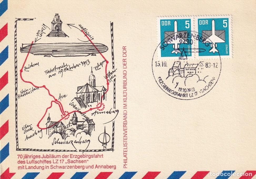 Sellos: Tarjeta Alemania DDR RDA 1983 - 70 Aniversario Vuelo Dirigible Zeppelin LZ 17 Sachsen 1913 - Philate