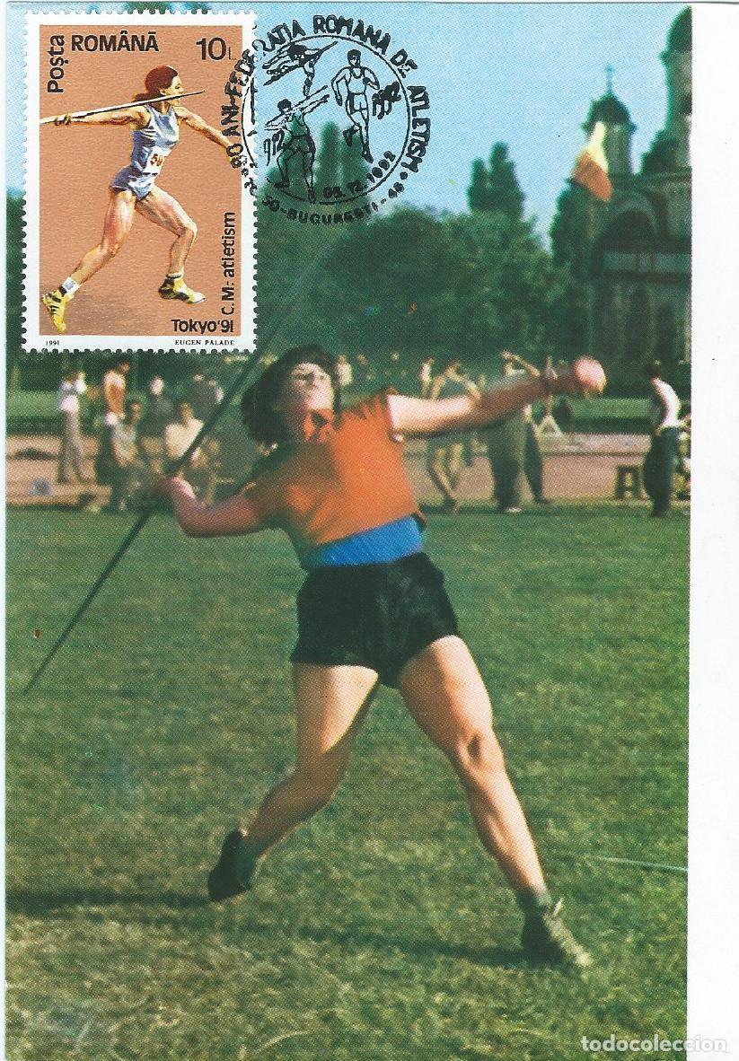 Sellos: 1992. RUMANIA/ROMANIA. M&Aacute;XIMA/MAXIMUM CARD. ATLETISMO/ATHLETICS. JABALINA. YT 3965. DEPORTES/SPORTS.